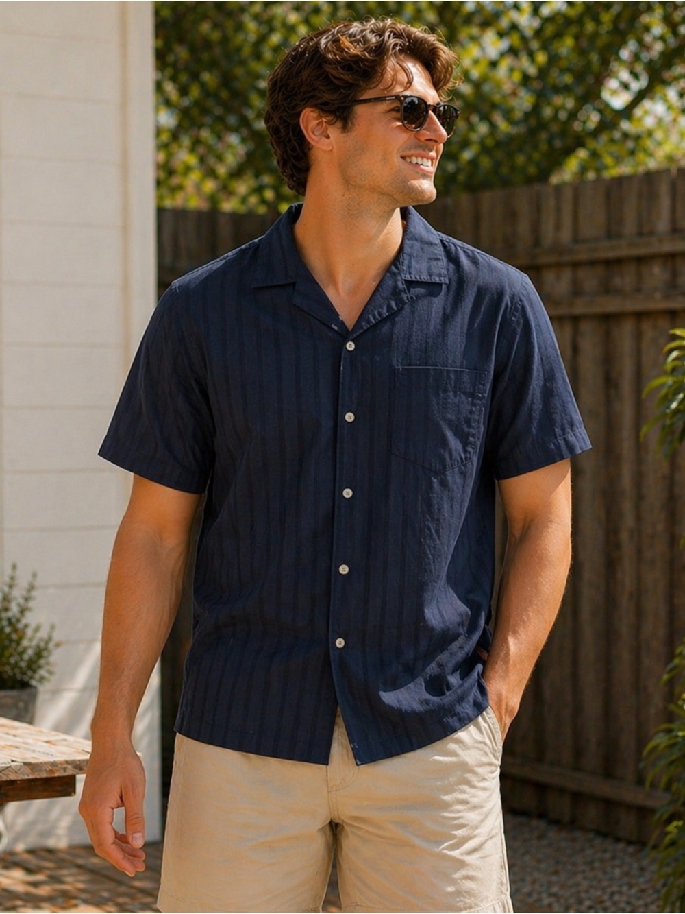 Goodfellow & Co Navy Short-Sleeve Button-Front Camp Shirt